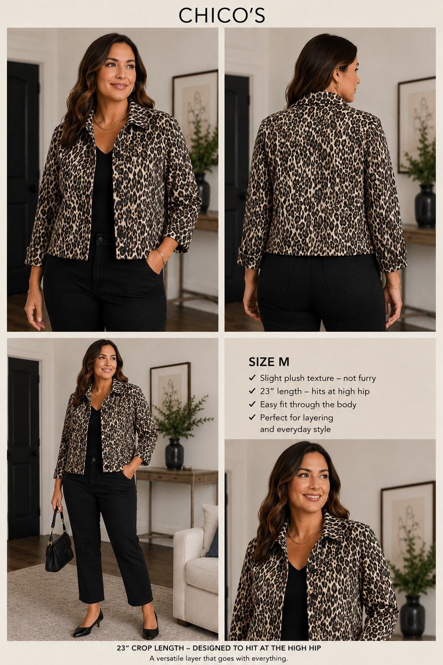 CHICO'S 1 Medium  Animal Print Plush Button 23” Crop Jacket New